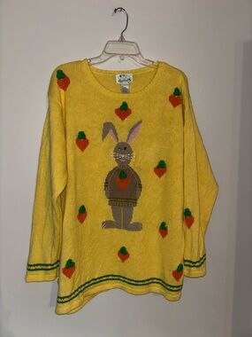 Quacker Factory Yellow Bunny & Carrot Crewneck Sweater